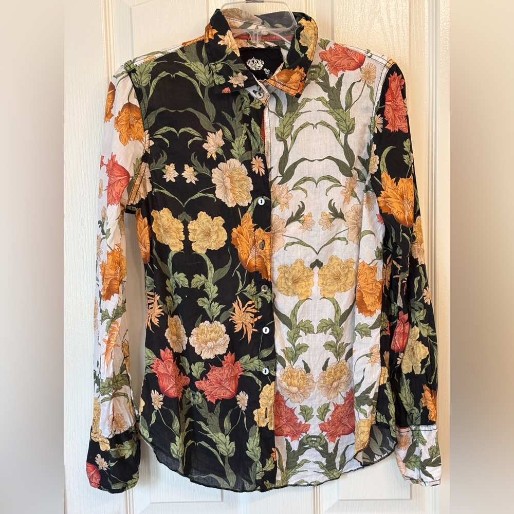 Ciño Cotton Floral Button Down Shirt Crinkle Voile Fabric w Button Detail Small - Picture 3 of 8